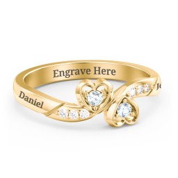 Duo of Hearts Ring in 18K Gold Plated Silver with Aquamarine and White Premium Zirconia