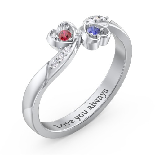 Duo of Hearts Ring – Sterling Silver with Garnet, Blue Sapphire, and White Premium Zirconia
