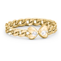 Curb Link Chain Heart Ring in 10K Solid Yellow Gold with Cubic Zirconia