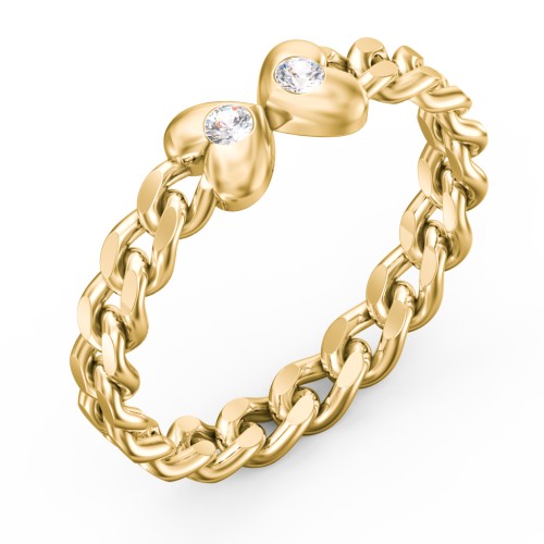 Curb Link Chain Heart Ring – 10K Yellow Gold with Cubic Zirconia