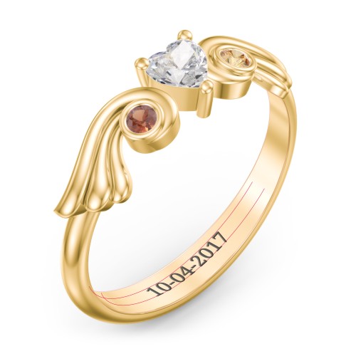 Angel Wing Ring with Heart Shaped Gemstone – 14K Yellow Gold with Cubic Zirconia, Garnet, and Citrine