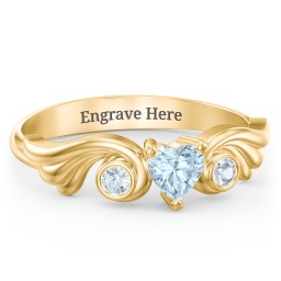 Angel Wing Ring with Heart Shaped Gemstone in 18K Gold Plated Silver with Aquamarine