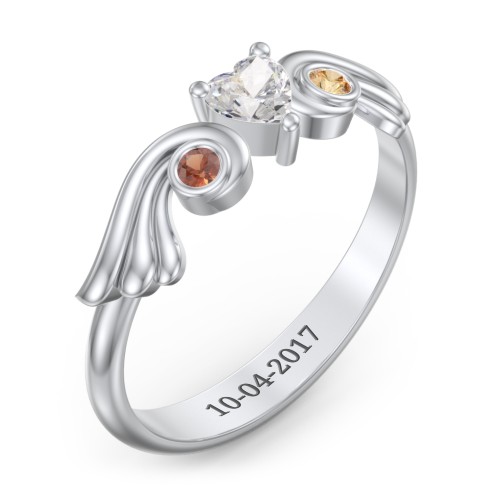 Angel Wing Ring with Heart Shaped Gemstone – 10K White Gold with Cubic Zirconia, Garnet, and Citrine