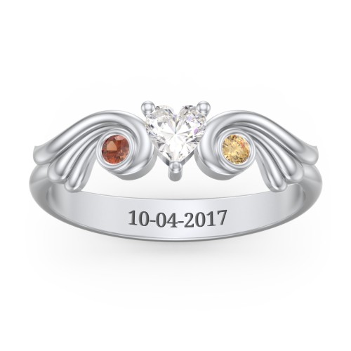 Angel Wing Ring with Heart Shaped Gemstone – 10K White Gold with Cubic Zirconia, Garnet, and Citrine