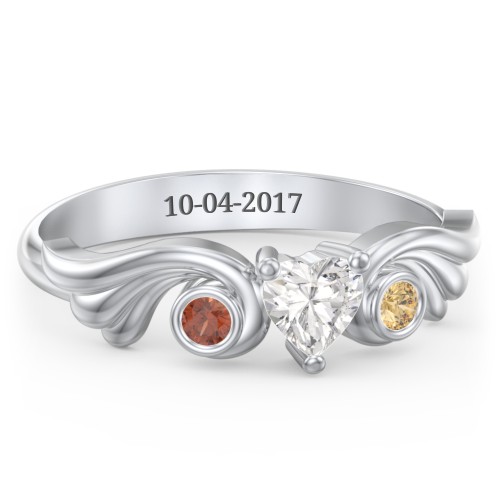 Angel Wing Ring with Heart Shaped Gemstone – 10K White Gold with Cubic Zirconia, Garnet, and Citrine