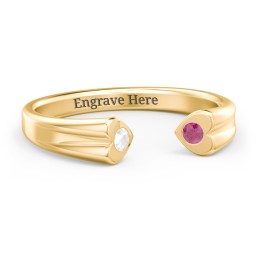 Engravable Open Cuff Heart Ring with Gemstones in 14K Solid Yellow Gold with Opal and Ruby