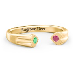 Engravable Open Cuff Heart Ring with Gemstones in 18K Gold Plated Silver with Emerald and Ruby