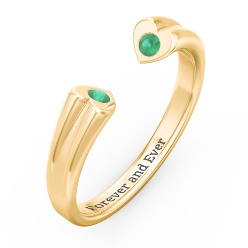 Engravable Open Cuff Heart Ring with Gemstones – 18K Gold Plated Silver with Emerald