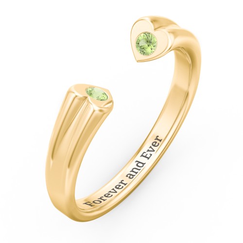 Engravable Open Cuff Heart Ring with Gemstones – 18K Gold Plated Silver with Peridot