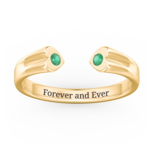 Engravable Open Cuff Heart Ring with Gemstones – 18K Gold Plated Silver with Emerald