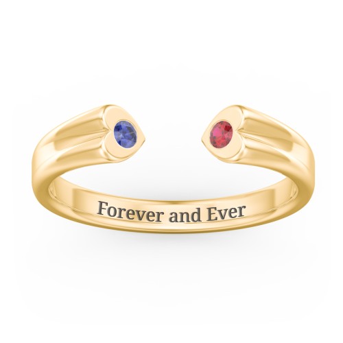 Engravable Open Cuff Heart Ring with Gemstones – 18K Gold Plated Silver with Blue Sapphire and Garnet