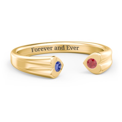 Engravable Open Cuff Heart Ring with Gemstones – 18K Gold Plated Silver with Blue Sapphire and Garnet