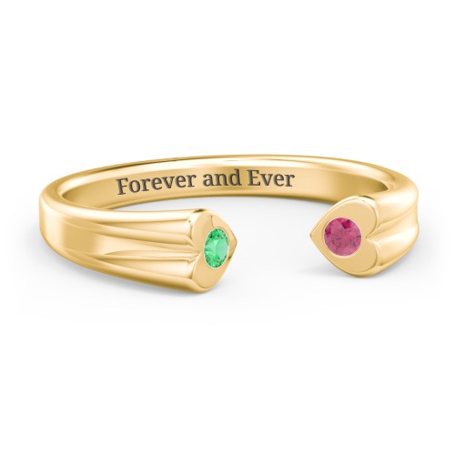 Engravable Open Cuff Heart Ring with Gemstones – 18K Gold Plated Silver with Emerald and Ruby