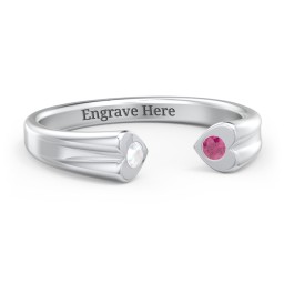 Engravable Open Cuff Heart Ring with Gemstones in 10K Solid White Gold with Opal and Ruby