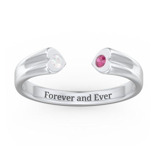 Engravable Open Cuff Heart Ring with Gemstones – 10K White Gold with Opal and Ruby
