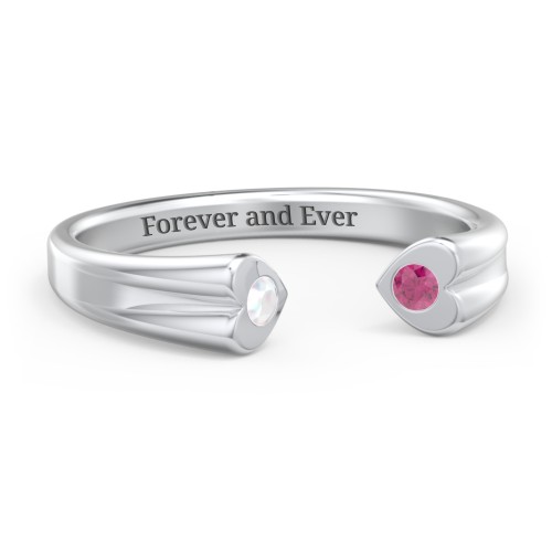 Engravable Open Cuff Heart Ring with Gemstones – 10K White Gold with Opal and Ruby
