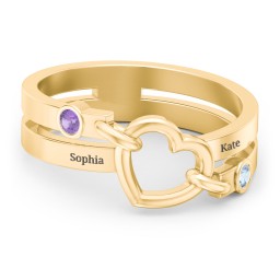 Engravable Diagonal Open Heart Ring in 14K Solid Yellow Gold with Amethyst and Blue Topaz