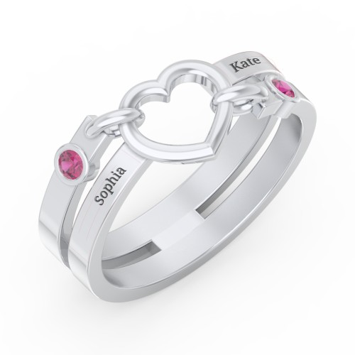 Engravable Diagonal Open Heart Ring – Sterling Silver with Ruby