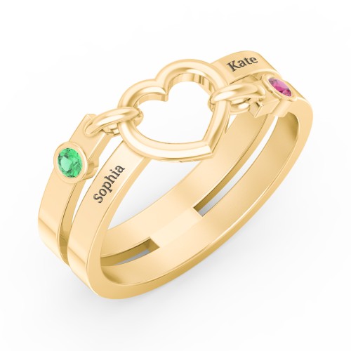 Engravable Diagonal Open Heart Ring – 10K Yellow Gold with Emerald and Ruby