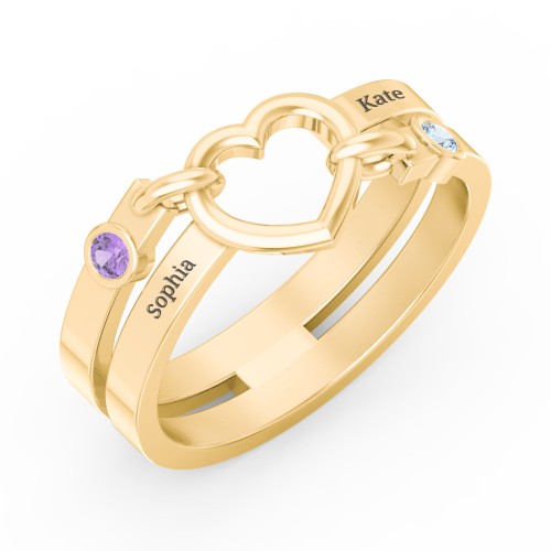 Engravable Diagonal Open Heart Ring – 14K Yellow Gold with Amethyst and Blue Topaz