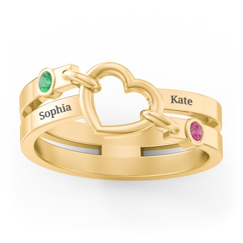 Engravable Diagonal Open Heart Ring – 10K Yellow Gold with Emerald and Ruby