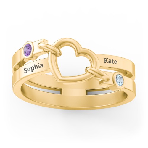 Engravable Diagonal Open Heart Ring – 14K Yellow Gold with Amethyst and Blue Topaz