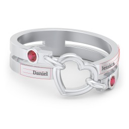 Engravable Diagonal Open Heart Ring in 925 Sterling Silver with Garnet