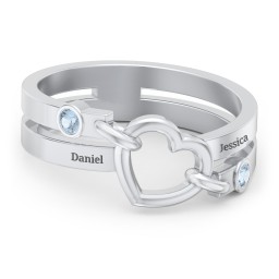 Engravable Diagonal Open Heart Ring in 925 Sterling Silver with Blue Topaz