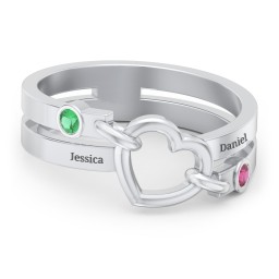 Engravable Diagonal Open Heart Ring in 925 Sterling Silver with Emerald and Ruby
