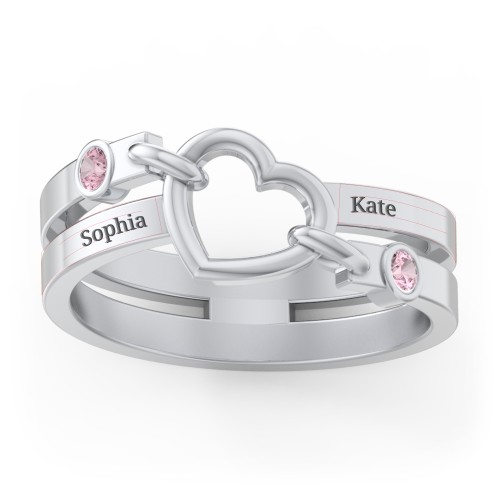Engravable Diagonal Open Heart Ring – Sterling Silver with Pink Tourmaline