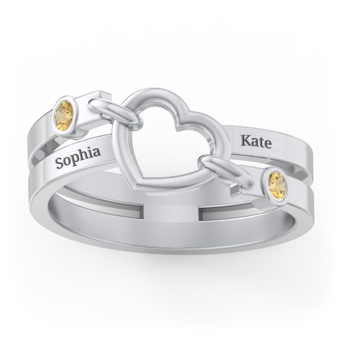 Engravable Diagonal Open Heart Ring – Sterling Silver with Citrine