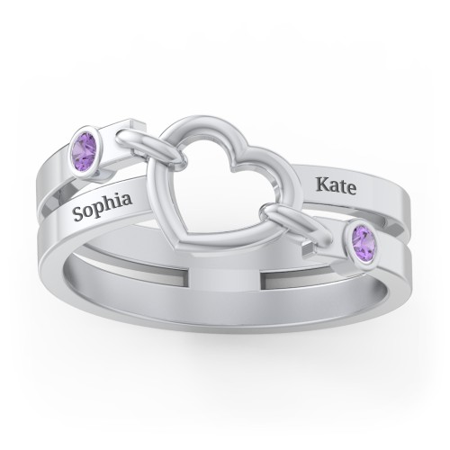 Engravable Diagonal Open Heart Ring – Sterling Silver with Amethyst