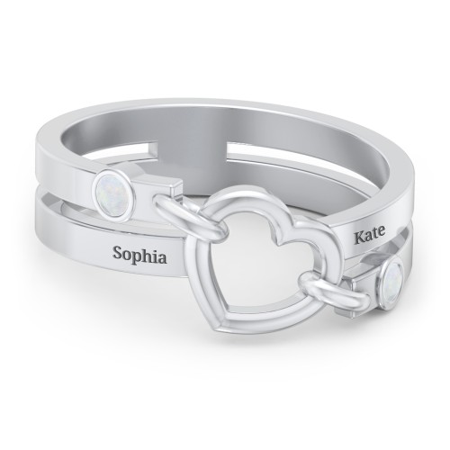 Engravable Diagonal Open Heart Ring – Sterling Silver with Opal