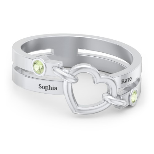 Engravable Diagonal Open Heart Ring – Sterling Silver with Peridot