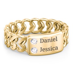 Heart Chain Link Ring with Nameplate in 18K Gold Plated Silver with Cubic Zirconia