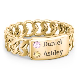 Heart Chain Link Ring with Nameplate in 14K Solid Yellow Gold with Pink Tourmaline and Citrine