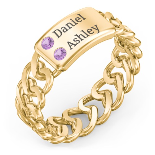 Heart Chain Link Ring with Nameplate – 18K Gold Plated Silver with Amethyst
