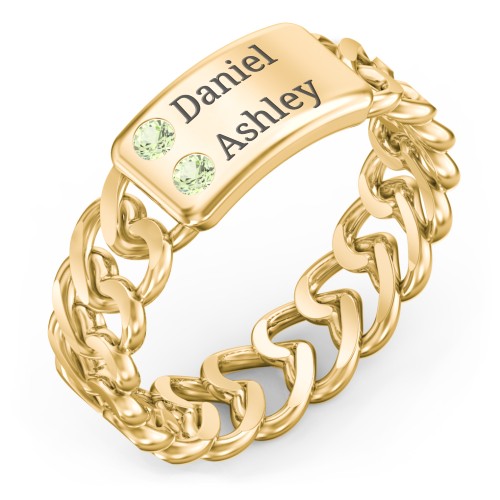 Heart Chain Link Ring with Nameplate – 18K Gold Plated Silver with Peridot