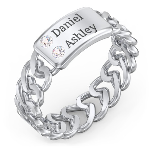 Heart Chain Link Ring with Nameplate – Sterling Silver with Cubic Zirconia