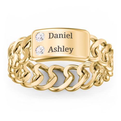 Heart Chain Link Ring with Nameplate – 18K Gold Plated Silver with Cubic Zirconia