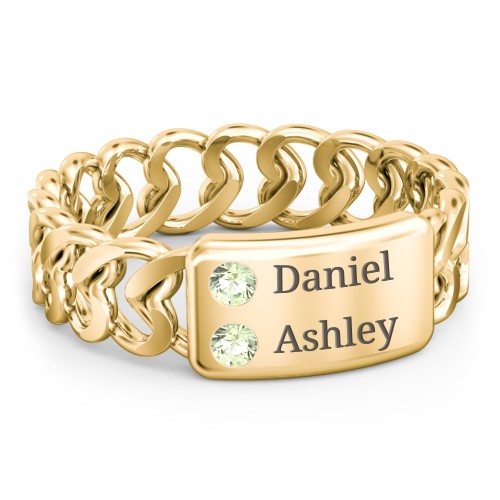 Heart Chain Link Ring with Nameplate – 18K Gold Plated Silver with Peridot