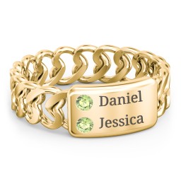 Heart Chain Link Ring with Nameplate in 18K Gold Plated Silver with Peridot