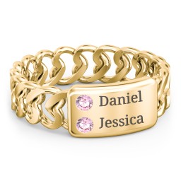 Heart Chain Link Ring with Nameplate in 18K Gold Plated Silver with Pink Tourmaline