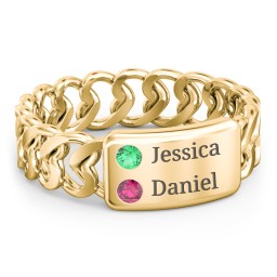 Heart Chain Link Ring with Nameplate in 18K Gold Plated Silver with Emerald and Ruby