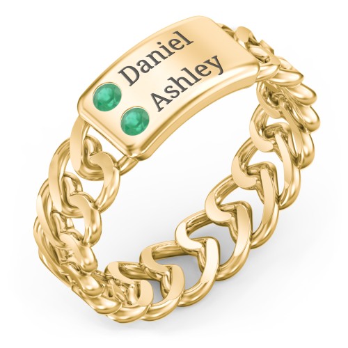 Heart Chain Link Ring with Nameplate – 18K Gold Plated Silver with Emerald