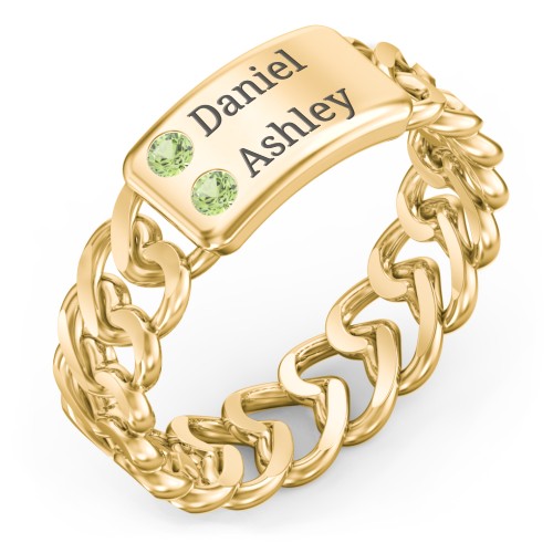 Heart Chain Link Ring with Nameplate – 18K Gold Plated Silver with Peridot