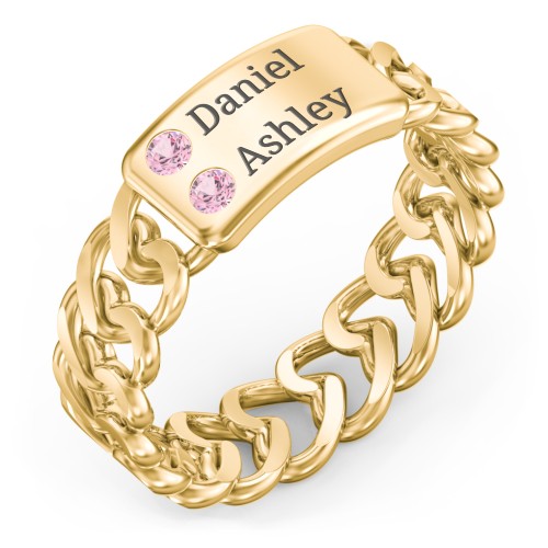 Heart Chain Link Ring with Nameplate – 18K Gold Plated Silver with Pink Tourmaline