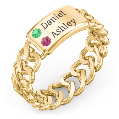 Heart Chain Link Ring with Nameplate – 18K Gold Plated Silver with Emerald and Ruby