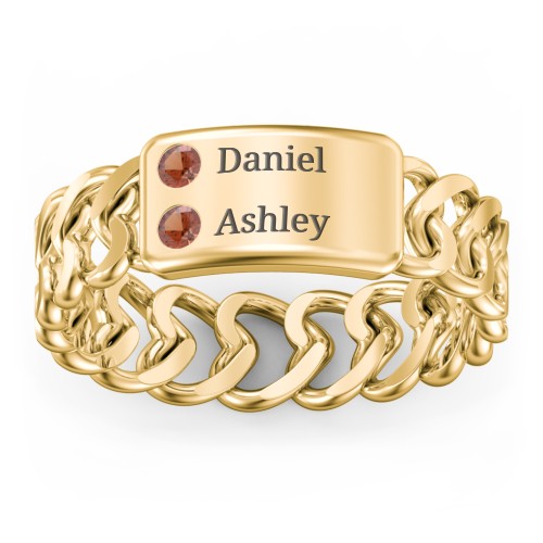 Heart Chain Link Ring with Nameplate – 18K Gold Plated Silver with Garnet