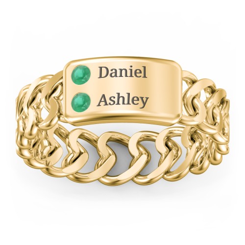 Heart Chain Link Ring with Nameplate – 18K Gold Plated Silver with Emerald